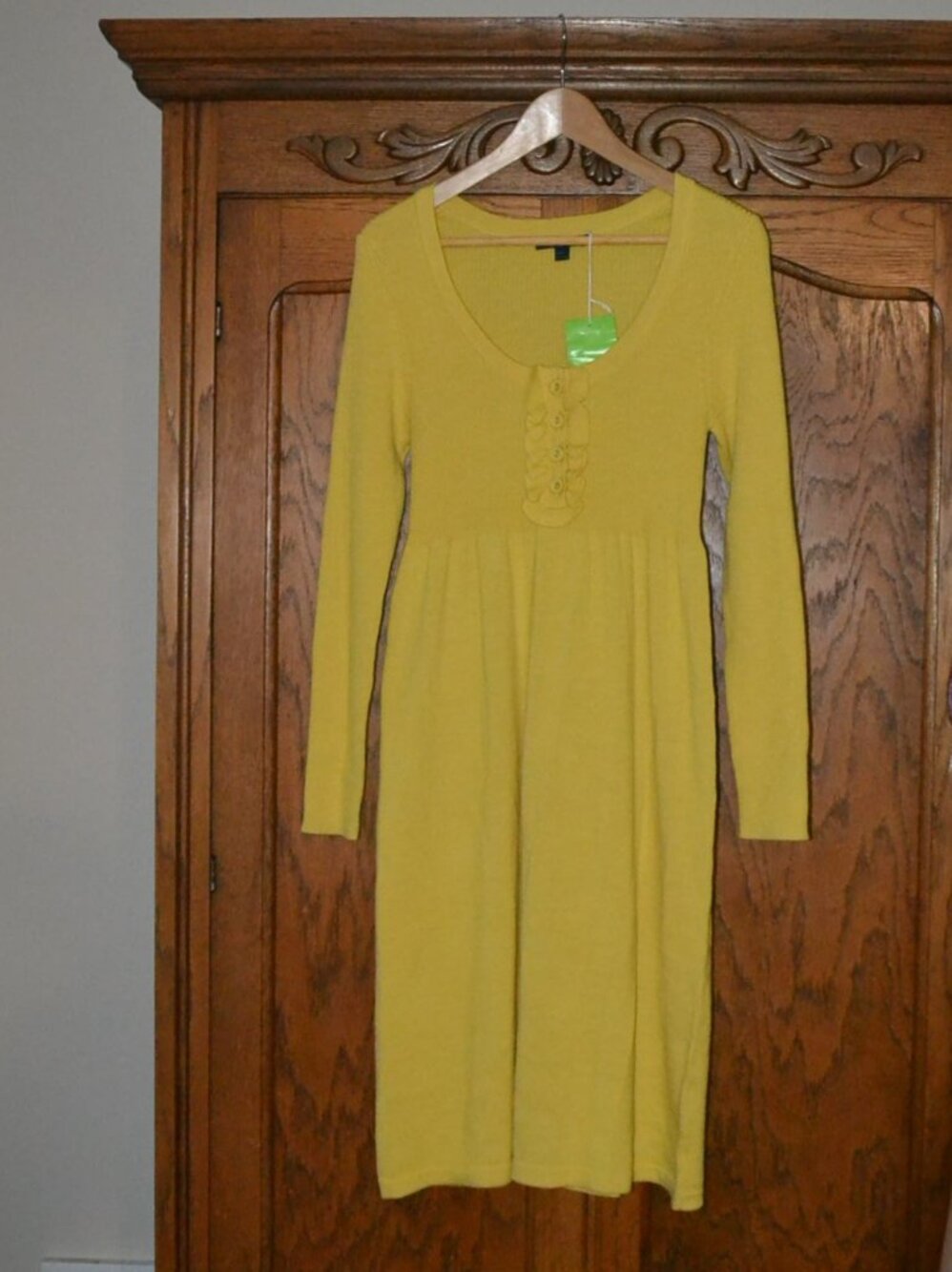 NWT Boden 100% Wool Ruffle Henley Knit Knee Length Dress Yellow 14R (UK Size)